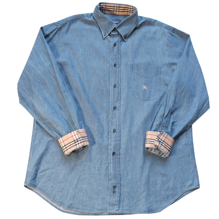 Vintage Burberry Embroidered Logo Long Sleeve Button Up Shirt - XL