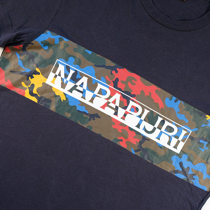 Vintage Napapijri Geographic Spell Out Camo T-Shirt - M