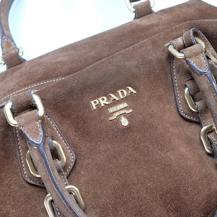 Vintage Prada Suede Gold Logo Handbag