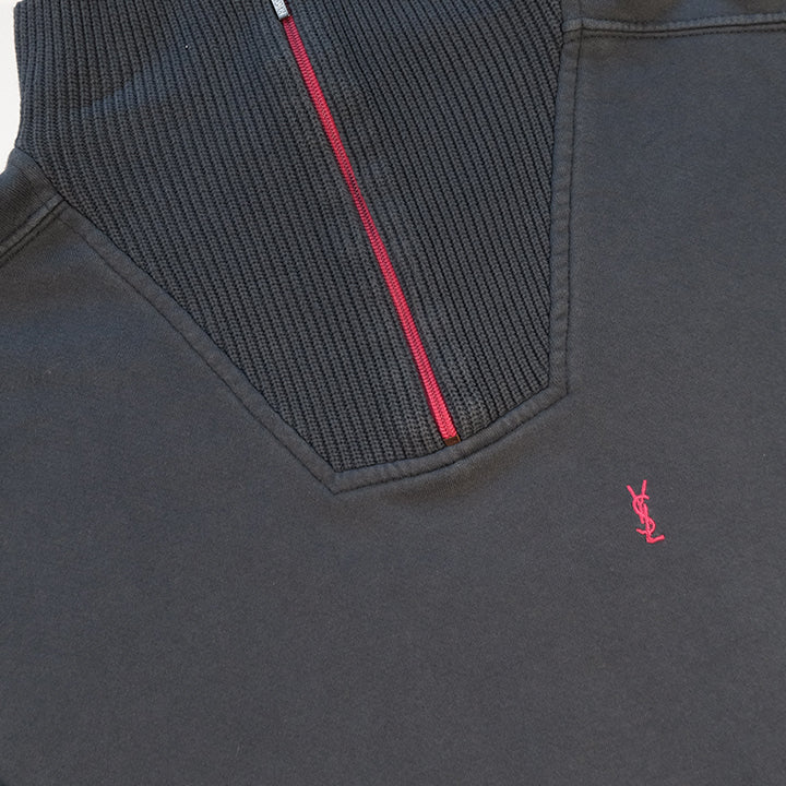 Vintage RARE YSL Yves Saint Laurent Embroidered Logo Quarter Zip Sweatshirt - XL